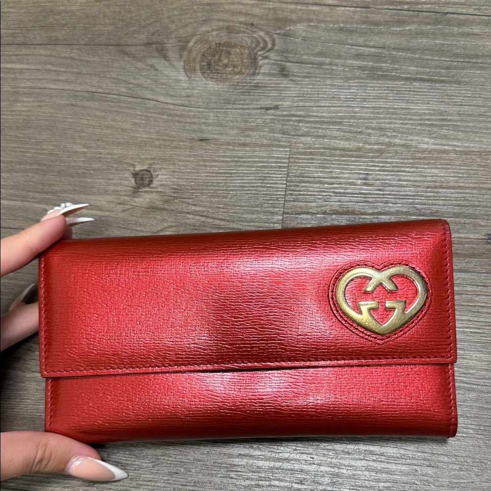 Gucci Red Leather Wallet with Gold Heart Emblem